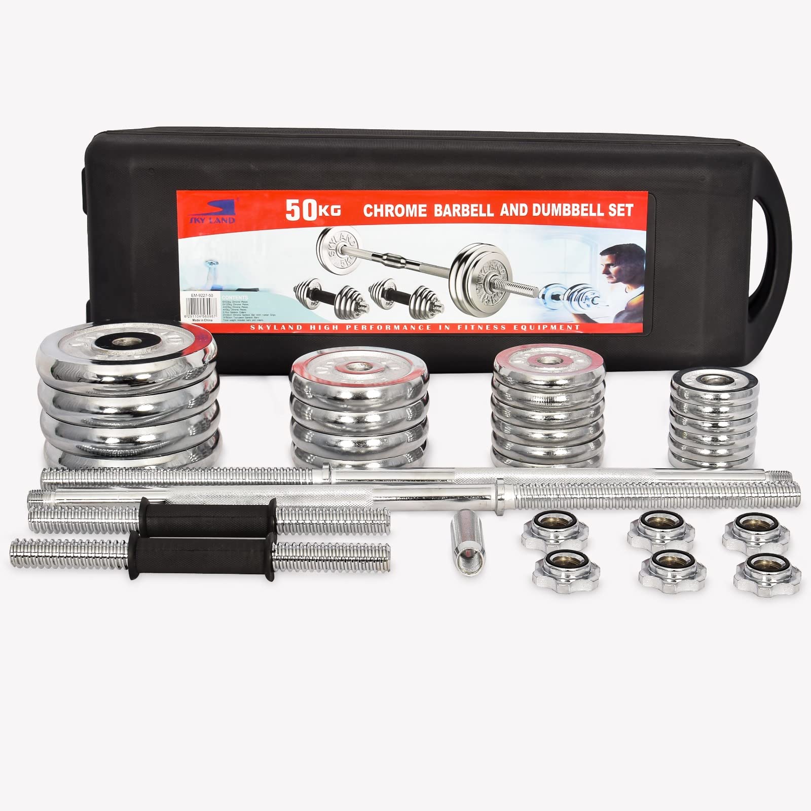 Set de Mancuernas Pesas con Barra Olímpica 50 Kg Cromada Ajustable Maletín